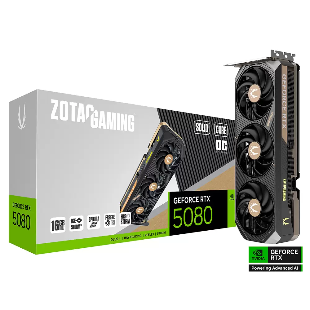 Tarjeta De Video Zotac (ZT-B50800J2-10A) Rtx 5080 Solid Core Oc, 16gb Gddr7, 2640 Mhz, PCIe 5, 3*fan