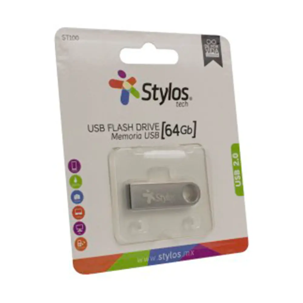 Memoria USB Stylos (STMUSB4B) 64gb, St100, USB 2.0, Metal Plata