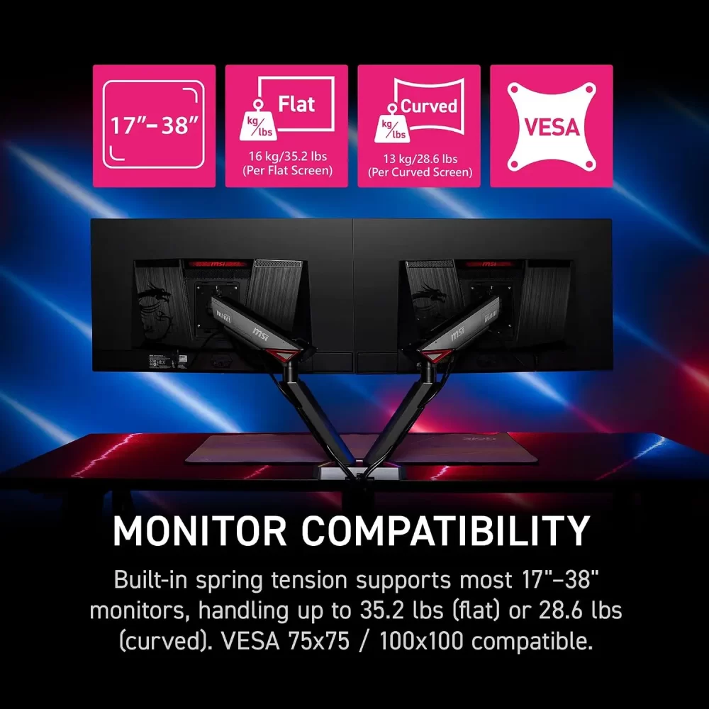 Soporte P/monitor Msi (MPG MT161DR) Doble Monitor, Soporte Vesa, Ajuste Ergonómico